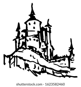 Isolated vector illustration. Medieval fortress. Castle alcazar in Segovia, Spain. Hand drawn linear doodle ink sketch. Black silhouette on white background.