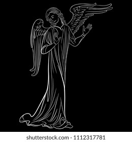 Isolated vector illustration of a medieval Gothic angel. Linear white silhouette on black background.