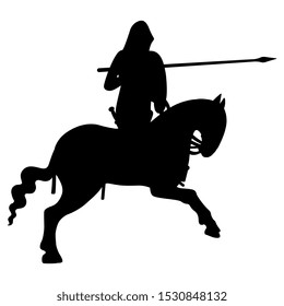 
Isolated vector illustration. Medieval knight with spear riding a horse. Black silhouette on white background.