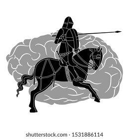 Isolated vector illustration. Medieval knight with spear riding a horse on human brain. Monochrome silhouette. Concept for mind and thinking.