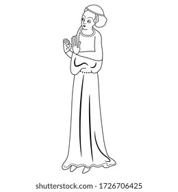 Isolated vector illustration. Medieval lady in long dress. Black and white linear silhouette.