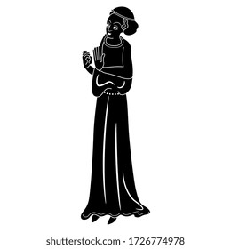 Isolated vector illustration. Medieval lady in long dress. Black and white silhouette.