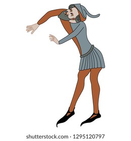 Isolated vector illustration. Medieval man in pointing pose. Flat cartoon style. Hand drawn sketch.

