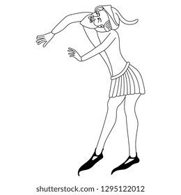 Isolated vector illustration. Medieval man in pointing pose. Black and white linear silhouette. Hand drawn sketch.