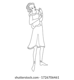 Isolated vector illustration. Medieval man in Gothic costume. Black and white linear silhouette.