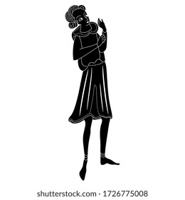 Isolated vector illustration. Medieval man in Gothic costume. Black and white silhouette.
