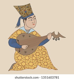 Isolated vector illustration. Medieval Muslim Arab musician playing the lute. Vintage motif.
