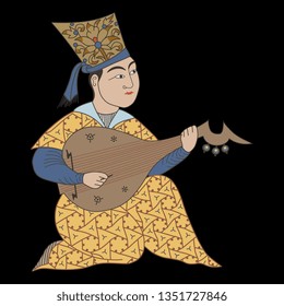 Isolated vector illustration. Medieval Muslim Arab musician playing the lute. Vintage motif.