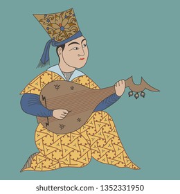 Isolated vector illustration. Medieval Muslim Arab musician playing the lute. Vintage motif.