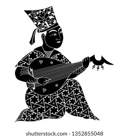 Isolated vector illustration. Medieval Muslim Arab musician playing the lute. Vintage motif. Black and white linear silhouette.