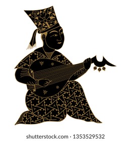 Isolated vector illustration. Medieval Muslim Arab musician playing the lute. Vintage motif. Black and gold silhouette.