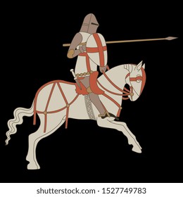 Isolated vector illustration. Medieval rider with spear. Knight in armor riding a horse on black background.