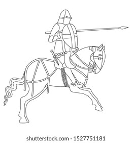 Isolated vector illustration. Medieval rider with spear. Black and white linear silhouette.