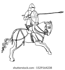 Isolated vector illustration. Medieval rider with spear. Hand drawn linear sketch. Black silhouette on white background.