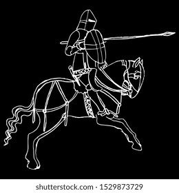 Isolated vector illustration. Medieval rider with spear. Hand drawn linear sketch. White silhouette on black background.