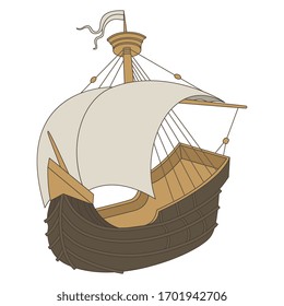 Isolated vector illustration. Medieval sail boat. Vintage antique ship.