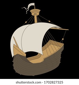 Isolated vector illustration. Medieval sail boat. Vintage antique ship.