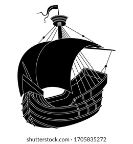 Isolated vector illustration. Medieval sail boat. Vintage antique ship. Black and white silhouette.