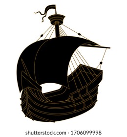 Isolated vector illustration. Medieval sail boat. Vintage antique ship. Black and gold silhouette.
