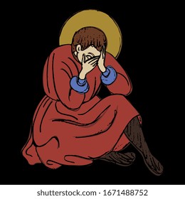 Isolated vector illustration. Medieval saint man sitting and crying. Hand drawn colorful sketch.