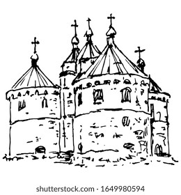  Vektorillustration einzeln. mittelalterlicher ukrainischer christlicher Tempel. Alte Zitadelle. Handgezeichnete lineare Doodle-Tintenskizze. 
Schwarze Silhouette auf weißem Hintergrund.