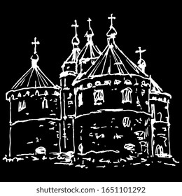 Isolated vector illustration. Medieval Ukrainian Christian temple. Old citadel. Hand drawn linear doodle sketch. 
White silhouette on black background.