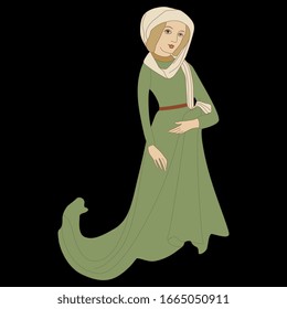 Isolated vector illustration. Medieval woman in green dress. 
