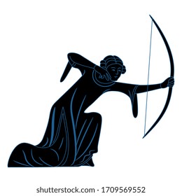 Isolated Vector Illustration. Medieval Woman With Bow. Archer Lady. Illuminated Manuscript Motif. Monochrome Black And Blue Silhouette.