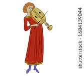 Isolated vector illustration. Medieval young boy or girl playing violin.
