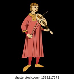 Isolated vector illustration. Medieval young man playing the violin.