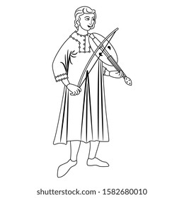 
Isolated vector illustration. Medieval young man playing violin. Black and white linear silhouette.