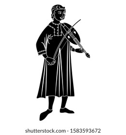 Isolated vector illustration. Medieval young man playing violin. Black and white linear silhouette.