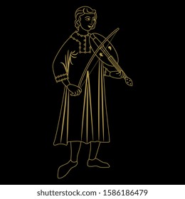 Isolated vector illustration. Medieval young man playing violin. Linear gold silhouette on black.
