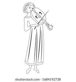 Ilustración vectorial aislada. Niño o niña medieval que toca violín. Silueta lineal en blanco y negro.