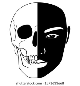 Isolated vector illustration. Memento mori emblem. Half face half human skull. Juxtaposition of death and life. Black and white silhouette.