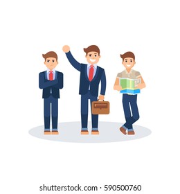 Isolated vector illustration of the men on the white background. Businessman with a bag waving his hand. The guy with the map. Dissatisfied man crossed his arms over his chest.