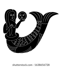 Isolated vector illustration. Mermaid holding mirror. Medieval motif. Black and white silhouette.