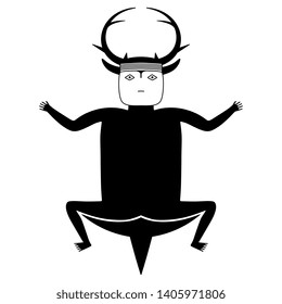 Isolated vector illustration. Mimbres pottery motif. Fantastic creature with antlers. Ancient tribal art of Native American Mogollon Indians. Black and white silhouette.