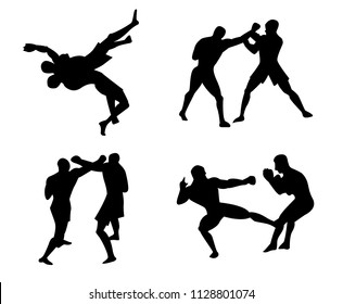 Isolated vector illustration of MMA fighters. Set of silhouettes of people fighting. Download now.