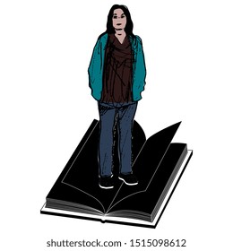 Isolated vector illustration. Modern girl in casual cloth standing in open book with blank black pages.