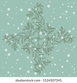 Isolated vector illustration. Monochrome floral winter decor. Square botanical mandala with leaf branches under snowflakes.