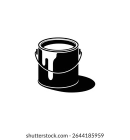 Isolated vector illustration of a monochrome paint can with a handle. The can is full, and paint drips down the side, casting a subtle shadow.