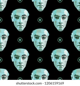 Isolated vector illustration. Monochrome portrait head of ancient Egyptian pharaoh Aknenaten or Echnaton. On black background.