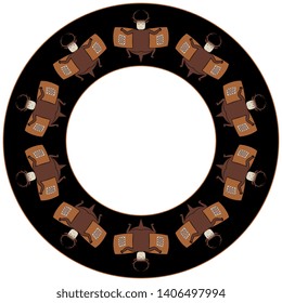 Isolated vector illustration. Monochrome round decor, frame or texture with Native American tribal motifs. Fantastic winged creature with antlers. Mimbres pottery style of Mogollon Indians.
