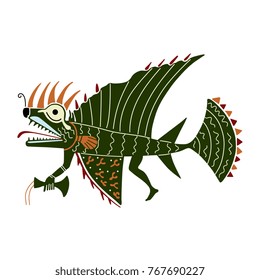 Isolated vector illustration. Monster fish. Based on Pre-Columbian art of Peruvian Mochica Indians.