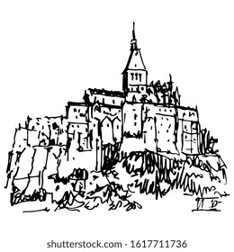 Isolated vector illustration. Mont-Saint-Michel abbey in France. Medieval island citadel. Hand drawn linear doodle ink sketch. Black silhouette on white background.