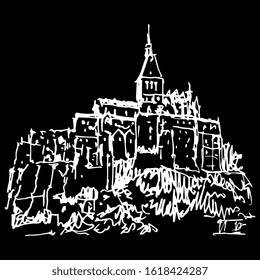 Isolated vector illustration. Mont-Saint-Michel abbey in France. Medieval island citadel. Hand drawn linear doodle sketch. White silhouette on black background.