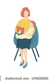 Isolated vector illustration of mother reading a book to her son out loud. Woman with her child in the armchair. Happy family concept. Love and care.