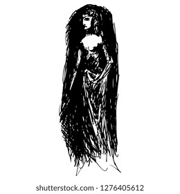 Isolated vector illustration. Mysterios woman or goddess standing in darkness. Hand drawn linear sketch.