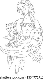isolated vector illustration of the mythical creature Alkonost mother and child